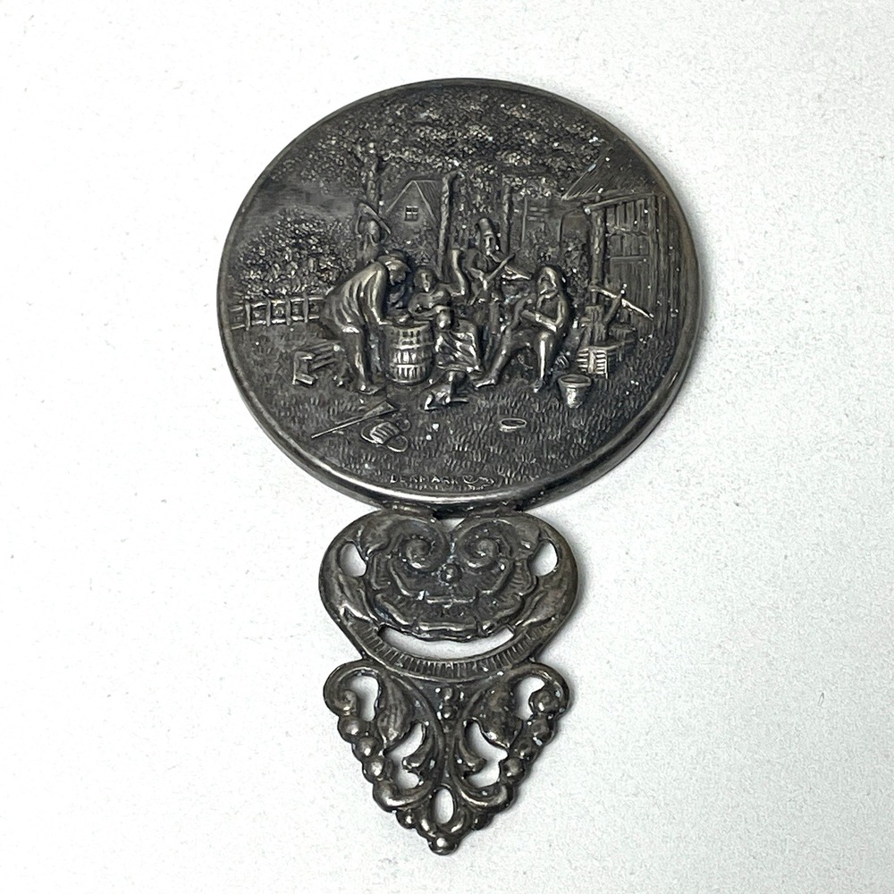 Vintage Hans Jensen Denmark Silverplate Repousse Hand Mirror Tavern Scene 4.5"
